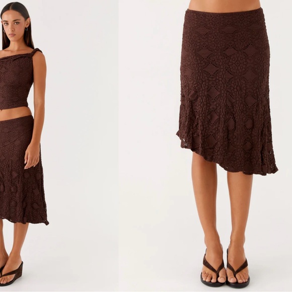 NWT Peppermayo Diamond Sky Midi Skirt Asymmetrical Chocolate - Picture 3 of 4